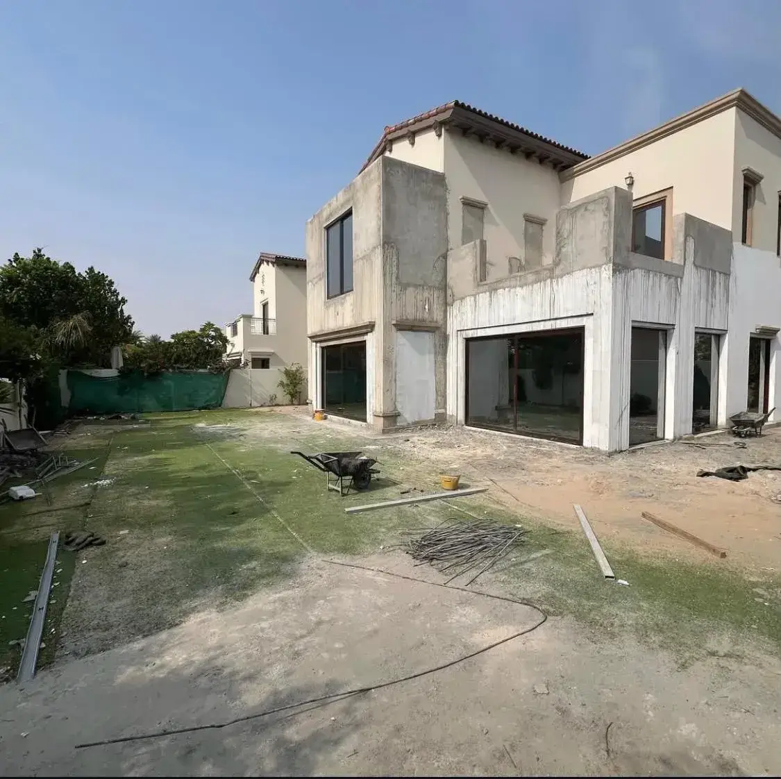 Dubai villa garden under construction during a full landscaping project by Reshape Landscaping and Design, a British-owned company in Dubai specialising in complete garden transformations, hardscape installation, and outdoor design preparation.