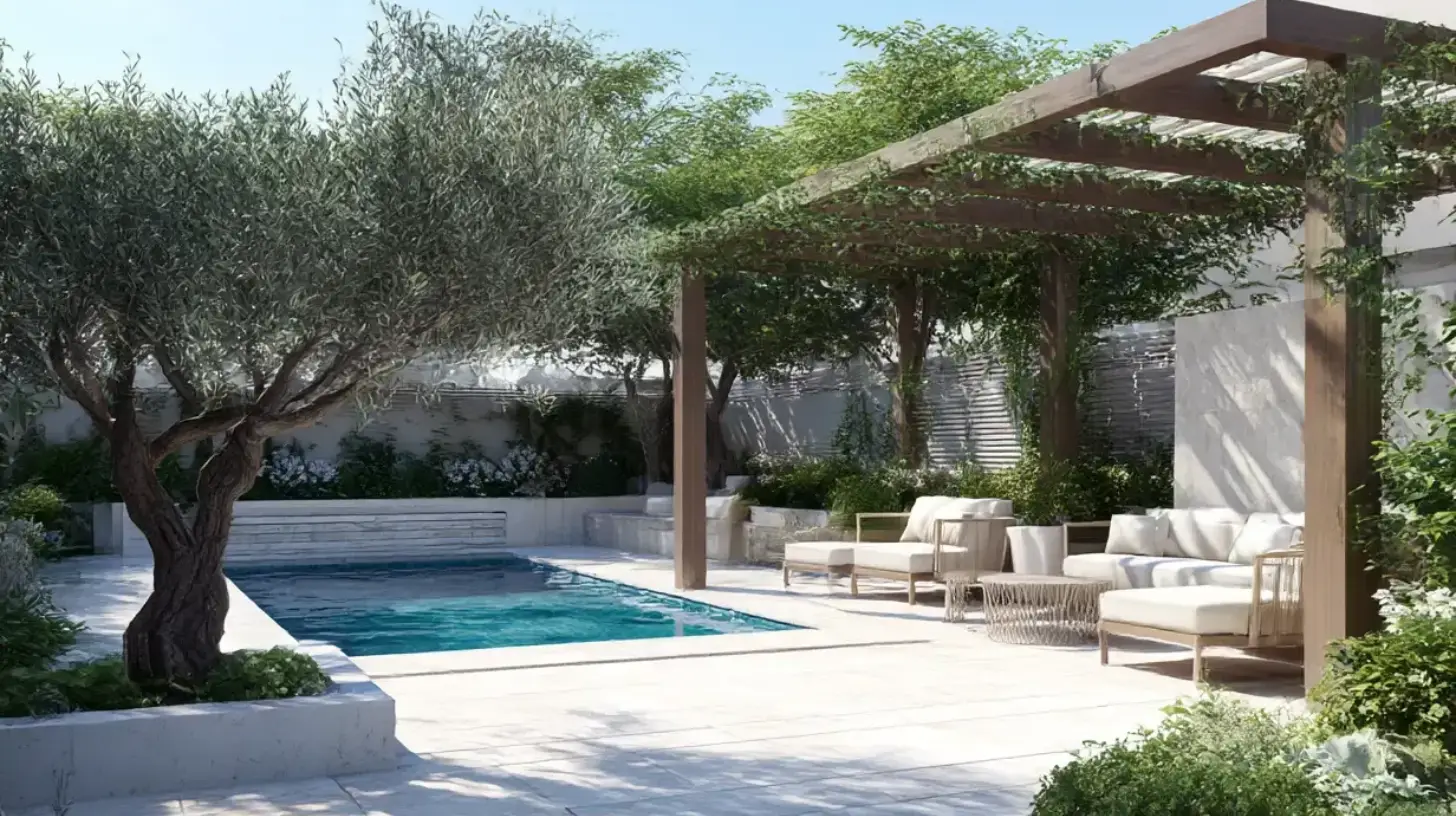 Contemporary garden with pool, olive trees and timber pergola – luxury landscape design in Dubai by Reshape Landscaping and Design
