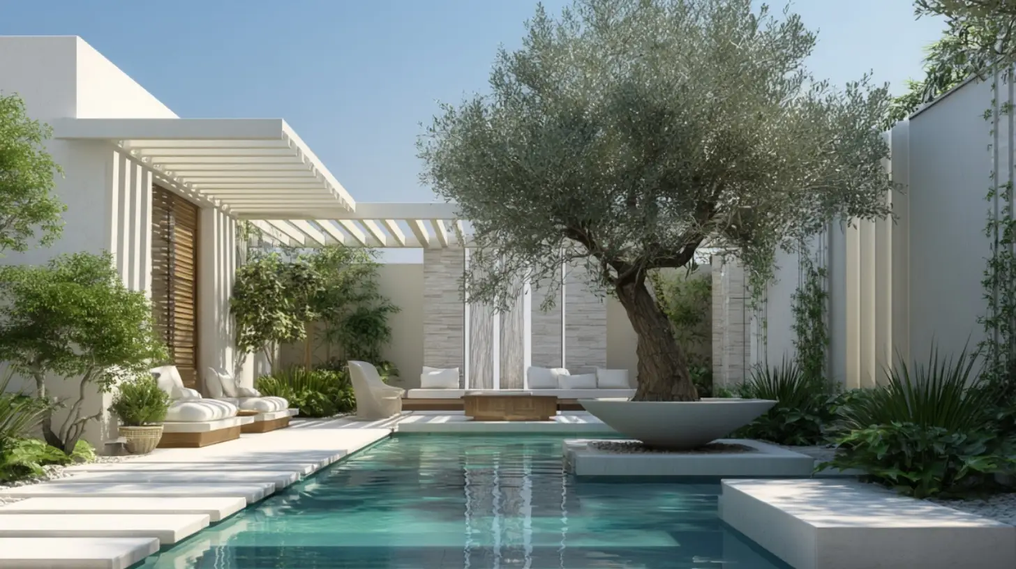 Luxury courtyard pool with Mediterranean planting and modern villa architecture – landscape construction in Dubai by Reshape Landscaping and Design