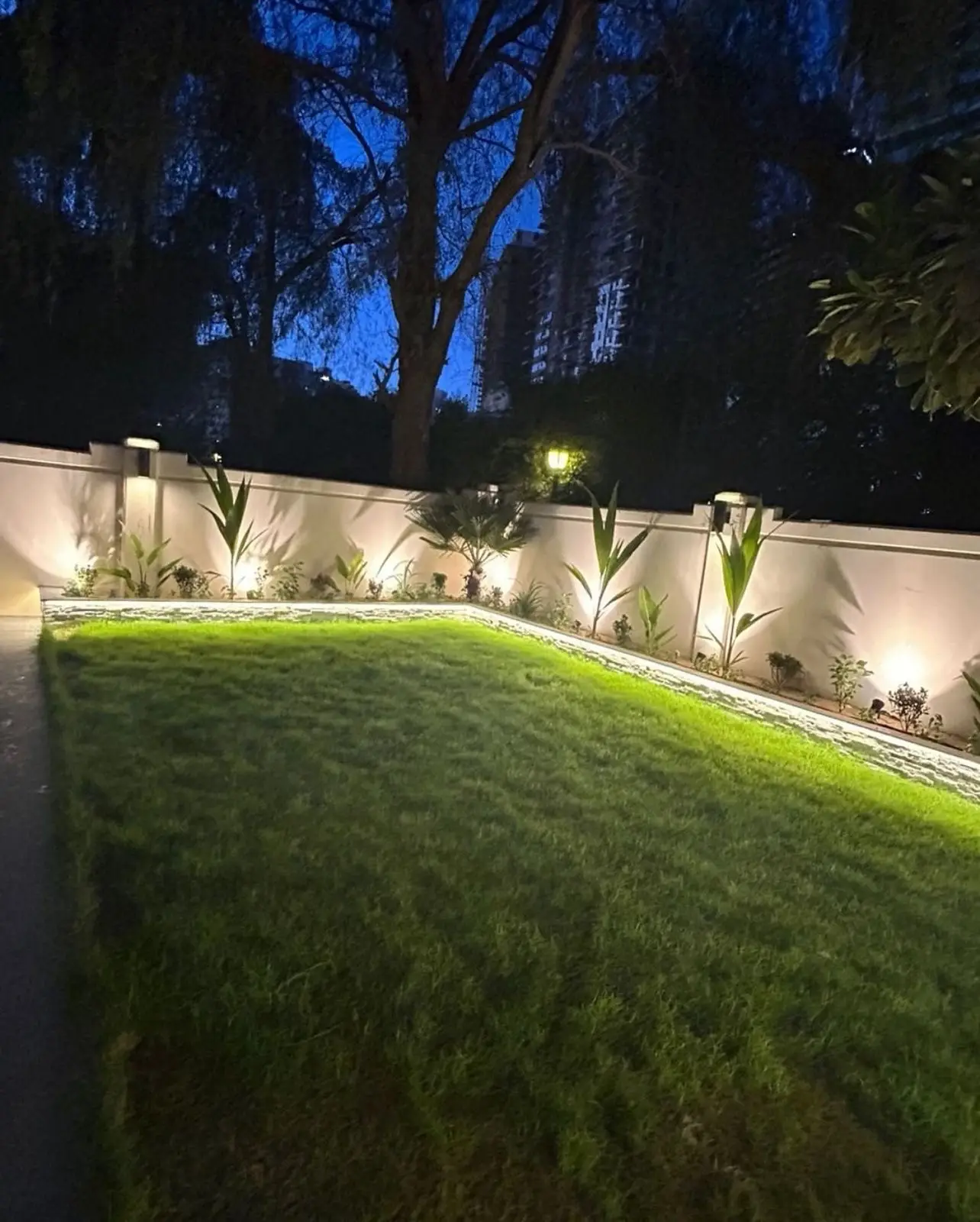 Evening garden lighting with lush lawn and tropical planting – Dubai Hills landscaping by Reshape Landscaping and Design