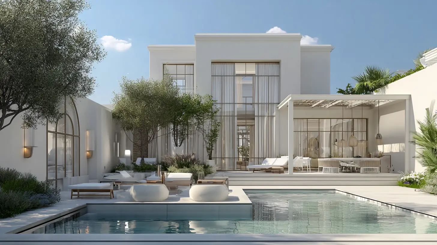 Modern luxury villa garden in Dubai with minimalist pool and shaded outdoor lounge – Dubai landscaping design by Reshape Landscaping and Design