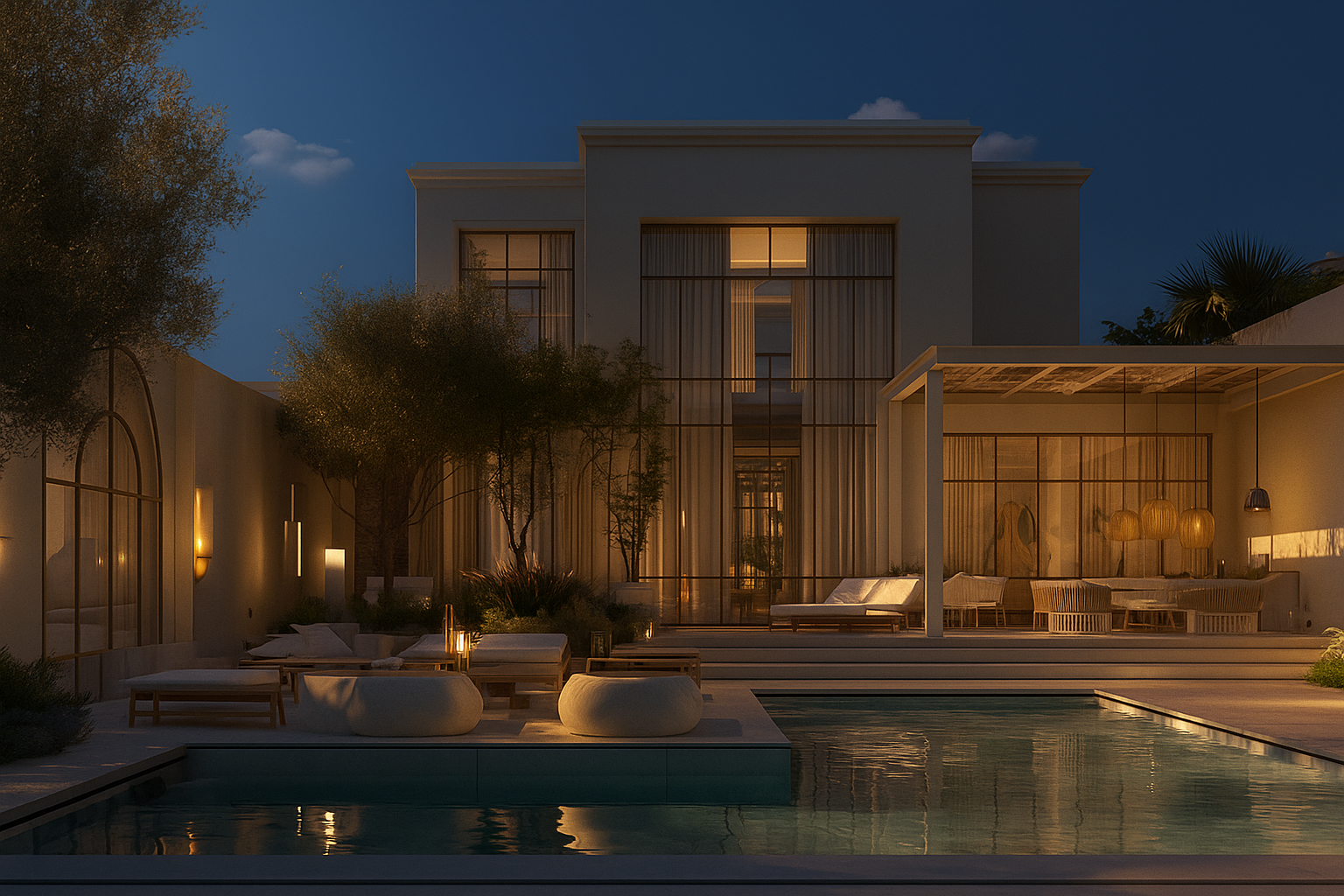 Modern luxury villa garden with minimalist pool and shaded outdoor lounge at night – Dubai landscaping design by Reshape Landscaping and Design