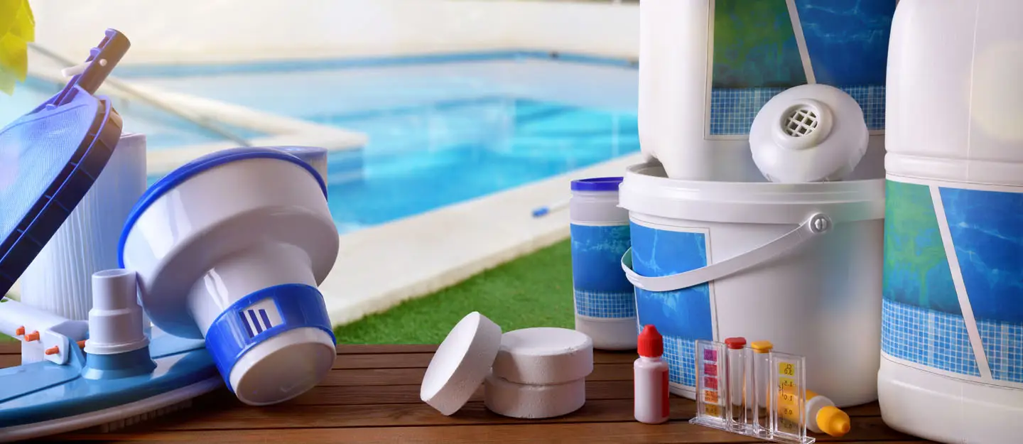 Swimming pool maintenance equipment and water testing kit for Dubai villa pool servicing