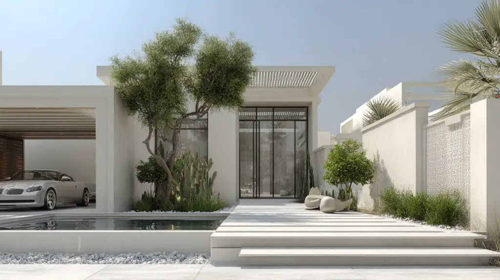 Luxury modern villa landscaping in Dubai with minimalist planting and water feature